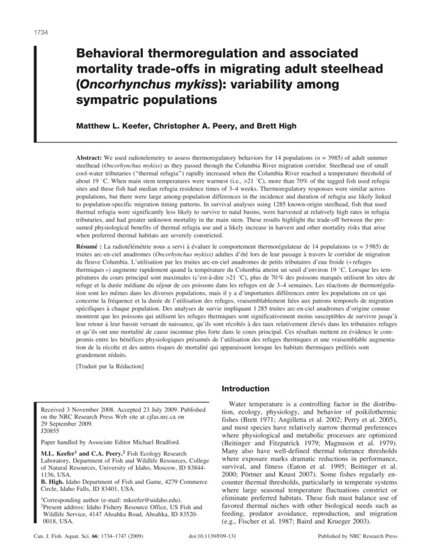 Behavioral thermoregulation and associated mortality trade-offs in migrating adult steelhead (Oncorhynchus mykiss): variability among sympatric populations