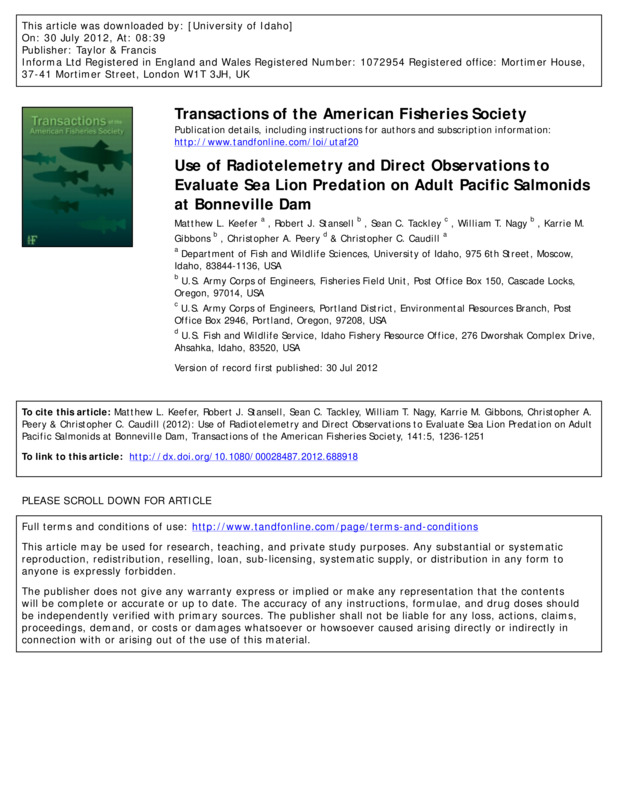 Use of Radiotelemetry and Direct Observations to Evaluate Sea Lion Predation on Adult Pacific Salmonids at Bonneville Dam