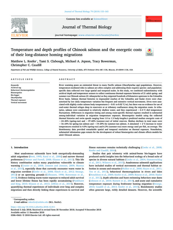 Temperature and depth profiles of Chinook salmon and the energetic costs
of their long-distance homing migrations
