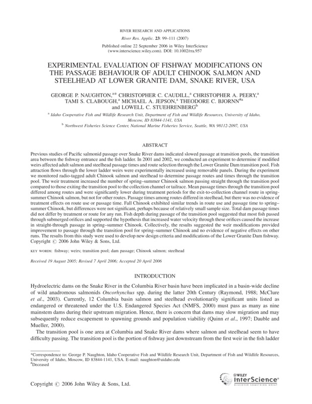 Experimental Evaluation Of Fishway Modifications On The Passage Behaviour Of Adult Chinook Salmon And Steelhead At Lower Granite Dam, Snake River, Usa