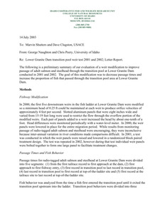 Lower Granite Dam transition pool weir test 2001 and 2002