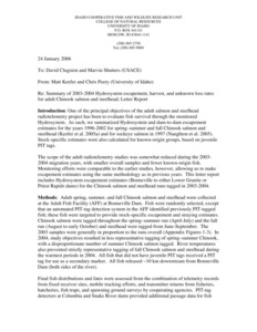 Ad hoc summary of migration times from ladder top at Bonneville Dam to ladder top at The Dalles Dam or the tailrace of John Day Dam for radiotagged adult spring-summer Chinook salmon