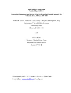 Run-Timing, Escapement, And Harvest Of Upriver Bright Fall Chinook Salmon In The Columbia River, 1998 And 2000-2005