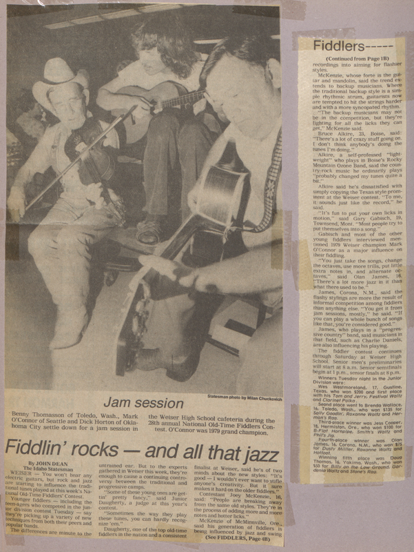 Article of Bennie Thomasson, Mark O'Connor and Dick Horton jamming in the Weiser High School cafeteria.