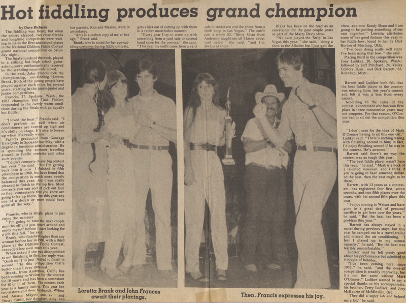 Article featuring Loretta Bank and John Frances, contest participants. John Frances was named Grand Champion.