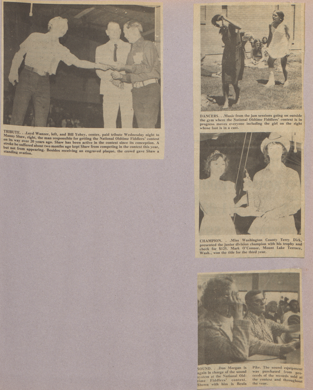 Scrapbook page of clippings featuring contest participants, judges, and the music.