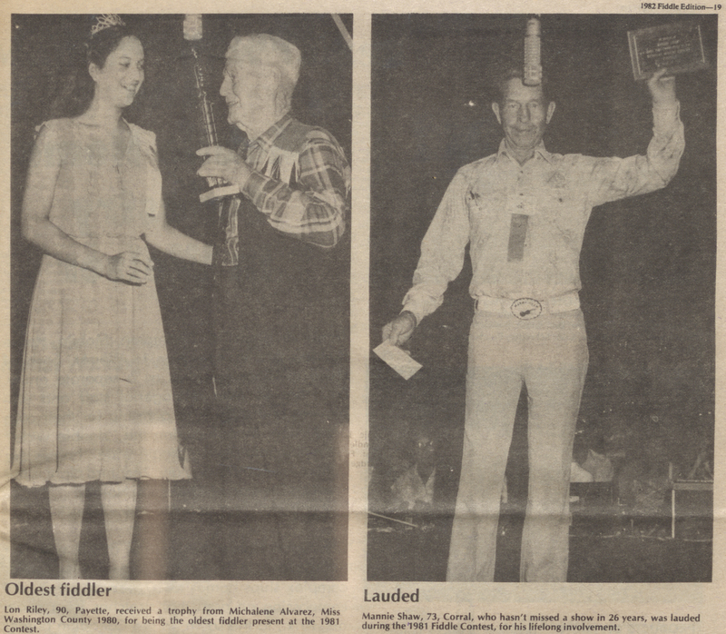 Newspaper clippings of 90 year old Lon Riley, the oldest fiddler present at the 1981 contest, and Mannie Shaw, who was praised for his lifelong involvement.