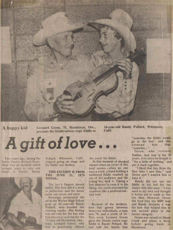 Article featuring Leonard Green giving Rany Pollard his Stradivarious copy fiddle.