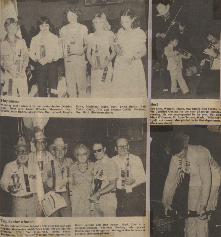 Scrapbook page featuring newspaper clippings of the Oldtime Fiddlers' contest. Mentioned are winners of the Junior-Junor division, best overall, and Top Senior winners.