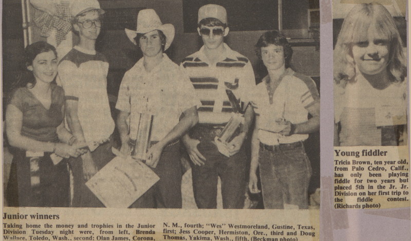 Scrapbook page with newspaper clippings of the Junior winners, Brenda Wallace, Olan James, Wes Westmoreland, Jess Cooper, and Doug Thomas. Also included is a clipping of Tricia Brown, who palced 5th in the Junior-Junior division at 5 years old.