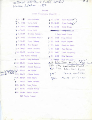 List of preliminaries, rounds and finals of the Oldtime Fiddlers' contest.
