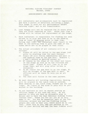 List of preliminaries, rounds and finals of the Oldtime Fiddlers' contest.