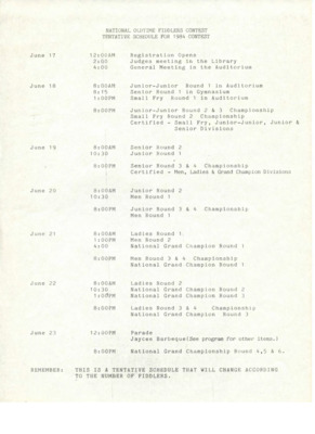 List of preliminaries, rounds and finals of the Oldtime Fiddlers' contest.