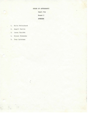 List of preliminaries, rounds and finals of the Oldtime Fiddlers' contest.