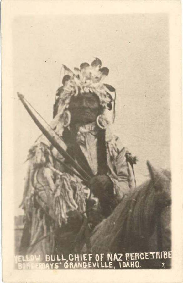 Postcard with photograph of Chief Yellow Bull of the Nez Perce Tribe at Border Days in Grangeville, ID.