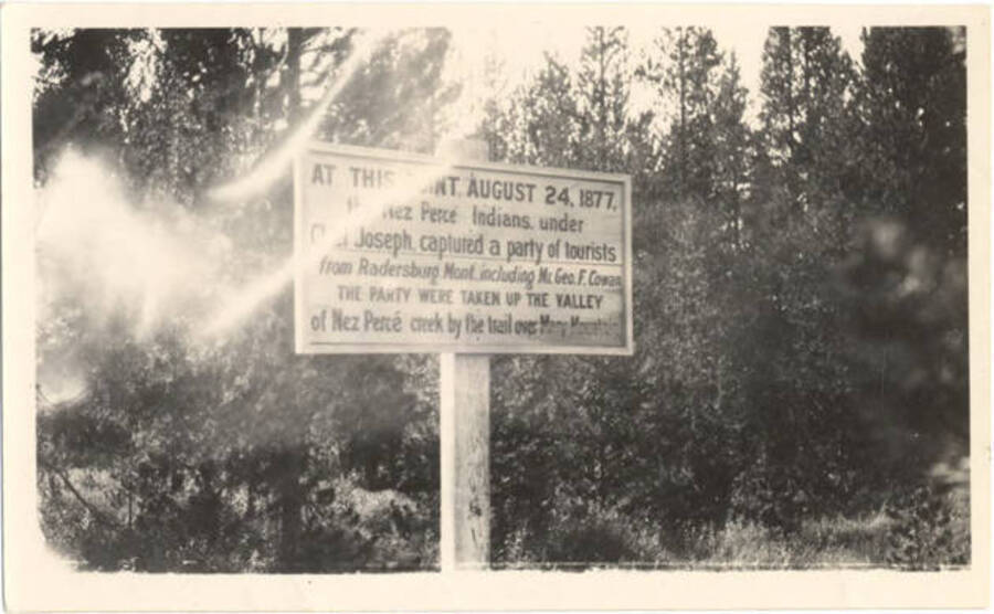 Memorial of Chief Joseph's capture of Montana tourists on August 24, 1877 in Yellowstone Park.