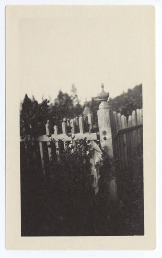 Photograph of a fence post, possibly taken at the cemetery containing the grave of Johnathan Chamberlin.