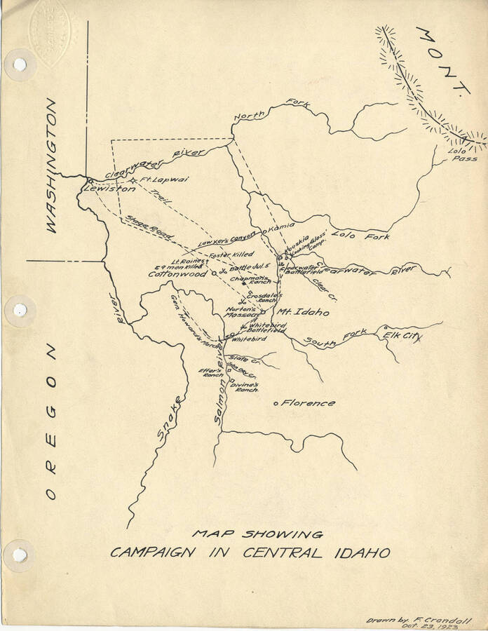 Map showing significant places and events of the Nez Perce War that occurred in central Idaho.