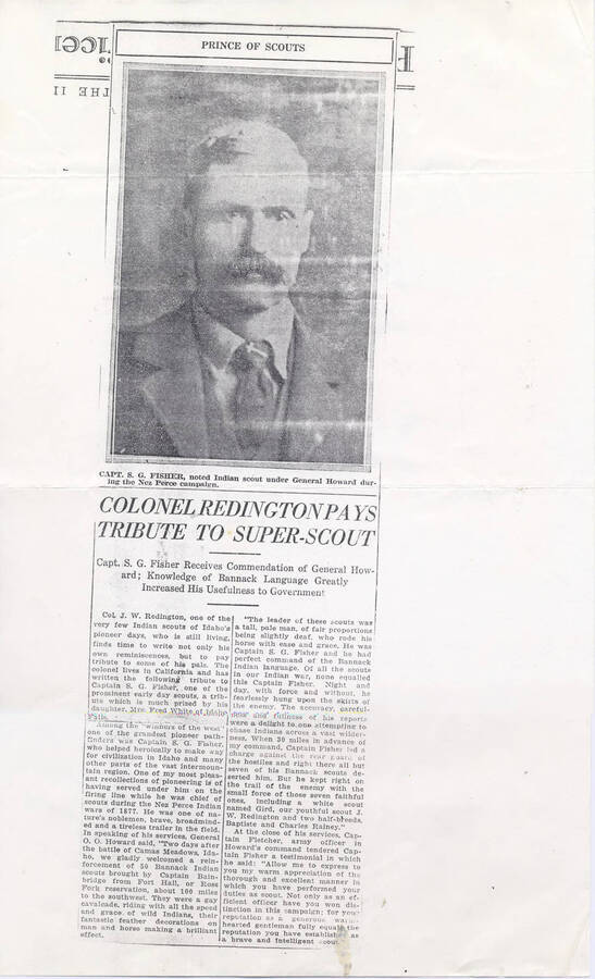 Newspaper clipping containing Colonel J. W.  Redington's tribute to S. G. Fisher's valuable contributions as a scout during the Nez Perce War.