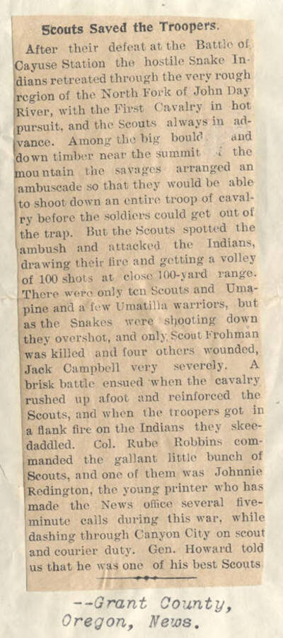 Newspaper clipping from the Grant County, Oregon News. Records one of J. W. Redington's successful scouting missions during the Indian Wars.