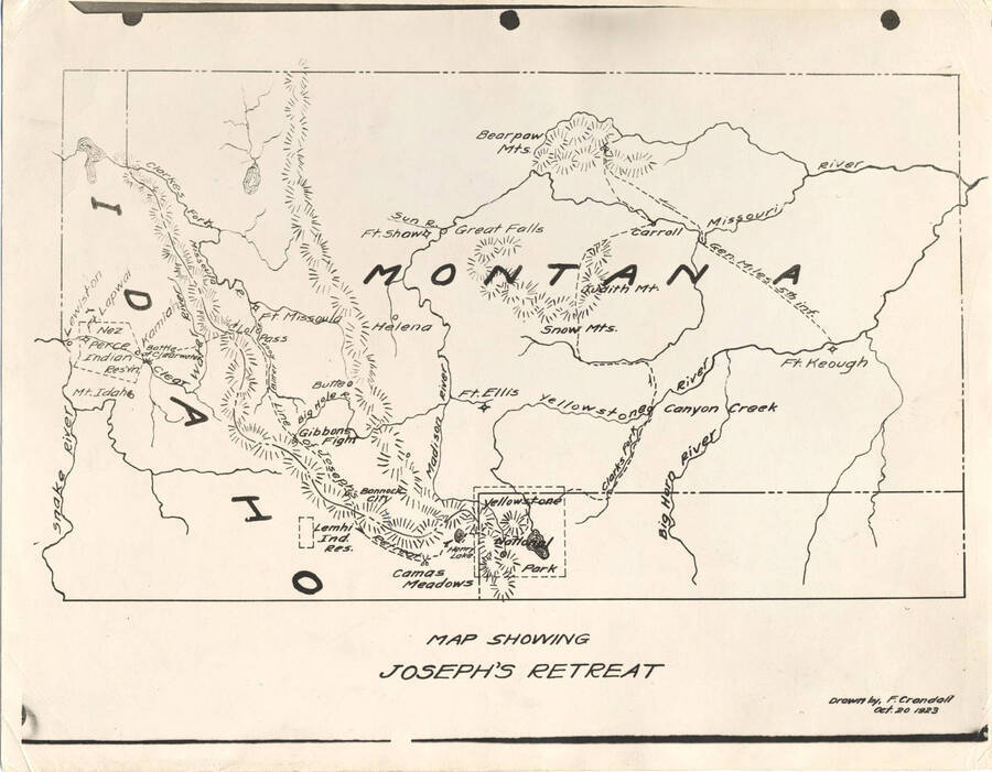 Map detailing the path of the Nez Perce Indians' retreat from Idaho into Montana during the Nez Perce War.