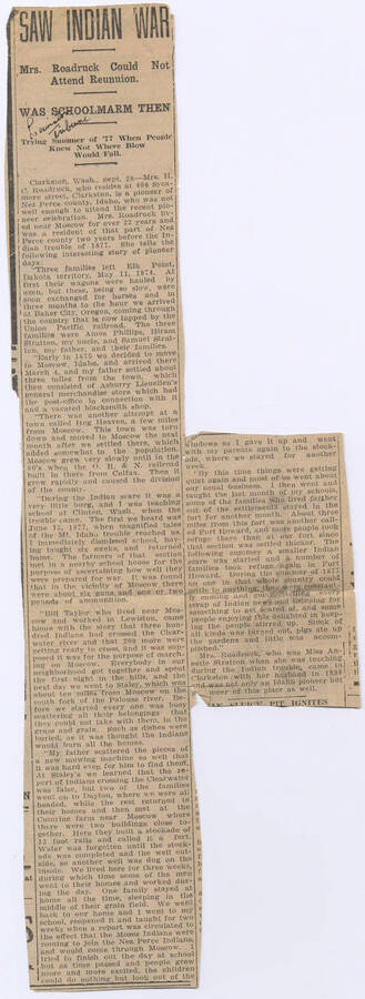 Newspaper clipping from the Lewiston Tribune. Relates the experiences of Mrs. H C. Roadruck during the Nez Perce War.