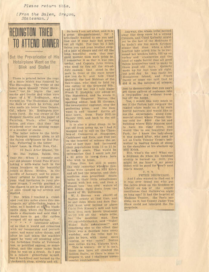 Newspaper clipping from the Salem, Oregon Statesman. Relays a tongue-in-cheek letter written to the paper allegedly written by J. W. Redington.