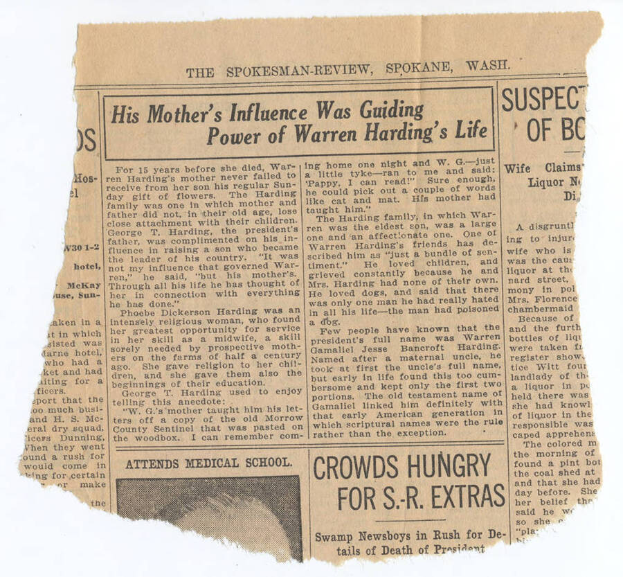 Newspaper clipping from the Spokesman Review discussing Warren G. Harding's personal family life, particularly his mother. Relation to collection unknown.