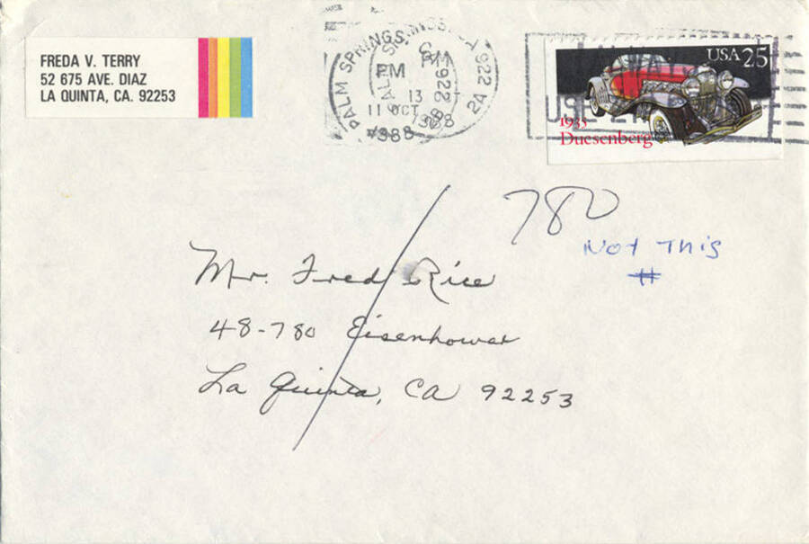 Envelope from Freda Terry, Stanton Fisher's granddaughter and Don Custer's niece. Sent to Fred Rice, most likely a member of the La Quinta Historical Society.