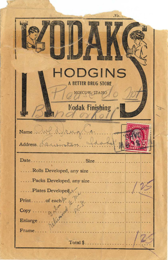 Receipt/envelope from Hodgins drug store in Moscow, Idaho bearing Don Fishers initials.