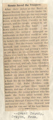 Newspaper clipping from the Grant County, Oregon News. Records one of J. W. Redington's successful scouting missions during the Indian Wars.