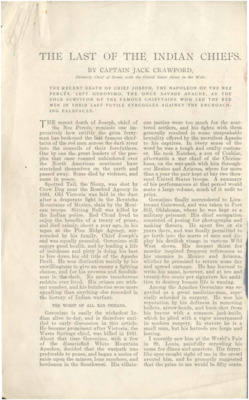 Article on several famous Indian chiefs published in Munsey's Magazine.