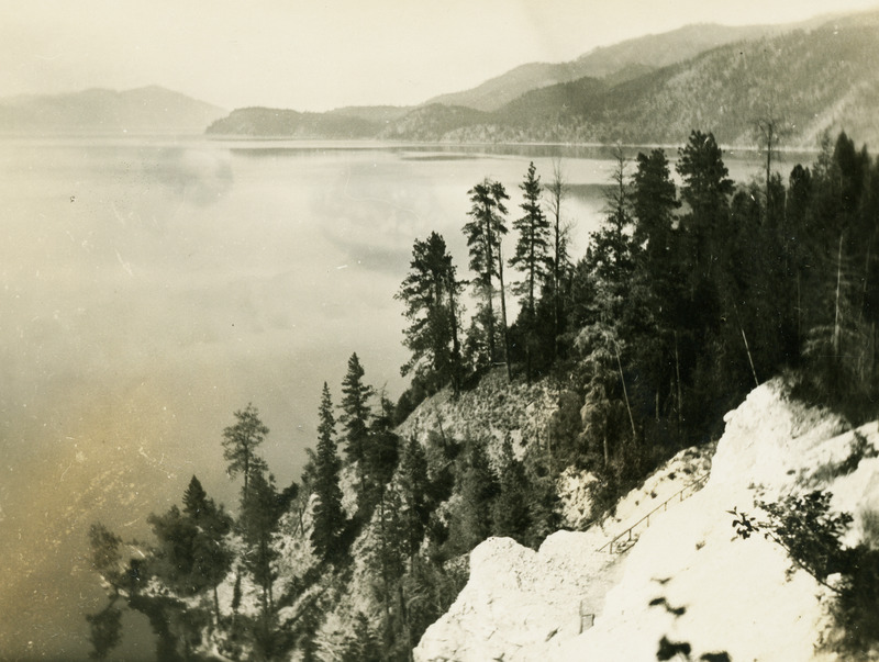 The photo's envelope reads: 'View of Lake Pend d'Oreille. Pseudotsuga, Juniperus, & Pinus ponderosa. #4 15 sec. #2, 3".'