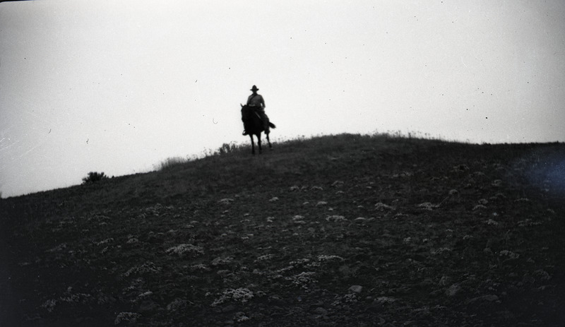 Unidentified man riding on a horse through a grassy area.
