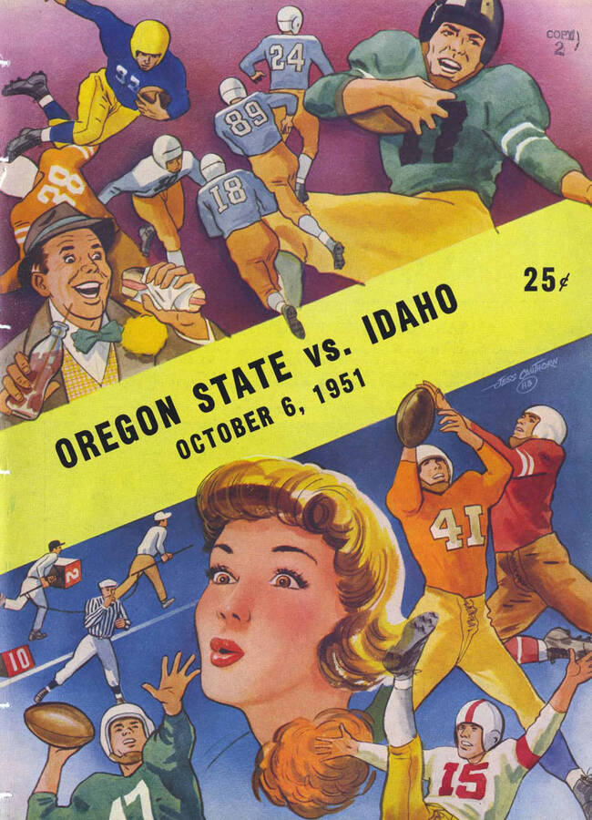 Official souvenir program of the Idaho - Oregon State football game, Saturday, October 6, 1951,  Spokane (Washington). Cover depicts a picture of a cartoon fans and football players.
