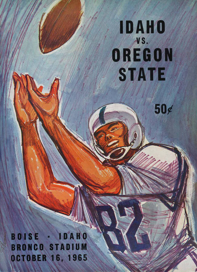 Official souvenir program of the Idaho - Oregon State football game, Saturday, October 16, 1965,Bronco Stadium Boise, ID. Cover depicts picture of a cartoon football player in a white uniform catching a football.