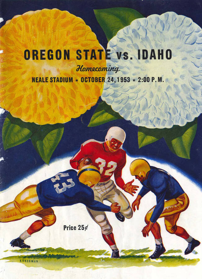 Official souvenir program of the Idaho - Oregon State football game, Saturday, October 24, 1953, Neale Stadium, Moscow (Idaho). Homecoming; Cover depicts a picture of two football players in blue uniforms about to tackle a football player in a red uniform.