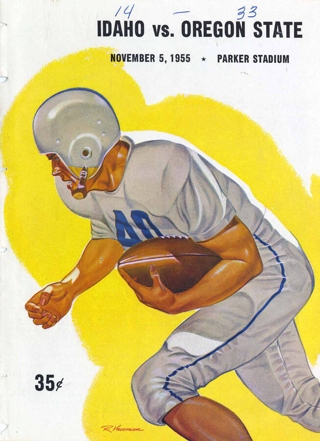 Official souvenir program of the Idaho - Oregon State football game, Saturday, November 05, 1955, Parker Stadium, Corvallis (Oregon). Picture depicts a football player in a white uniform running the ball.