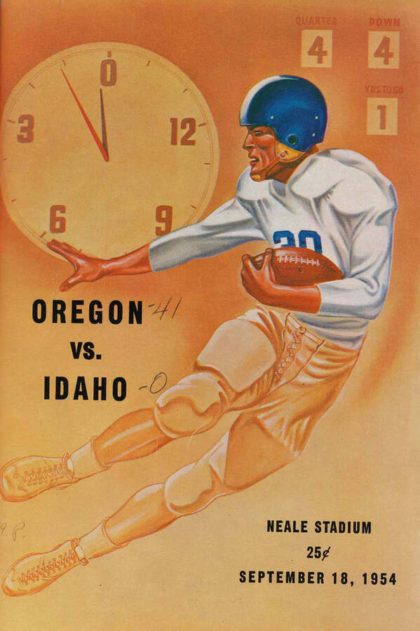Official souvenir program of the Idaho - Oregon State football game, Saturday, September 18, 1954, Neale Stadium, Moscow (Idaho). Cover depicts a picture of a cartoon picture of a football player in a white uniform jumping in the air to beat the time.