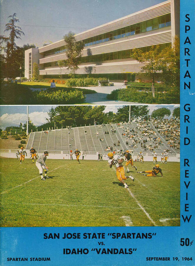 Official souvenir program of the Idaho -San Jose State football game, Saturday, September 19, 1964, Spartan Stadium,San Jose (California). Cover depicts a picture of a play in action and a campus building.