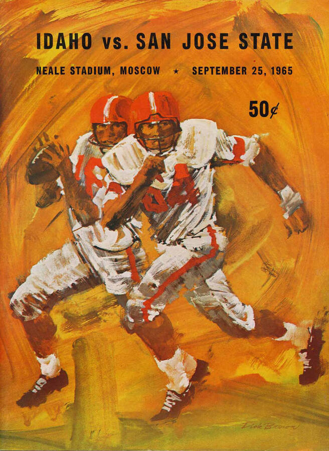 Official souvenir program of the Idaho - San Jose State football game, Saturday, September 25, 1965, Neale Stadium. Cover depicts a picture of two football players in white and red uniforms running the ball.