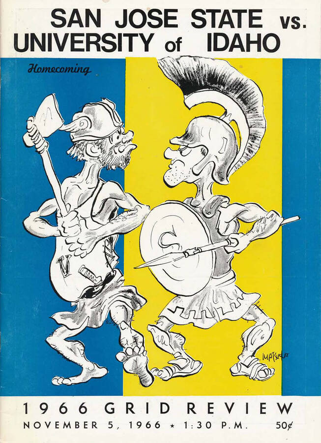 Official souvenir program of the Idaho - San Jose State football game, Saturday, November 5, 1966, San Jose (California). Homecoming. Cover depicts a cartoon picture of a vandal facing off a Spartan.