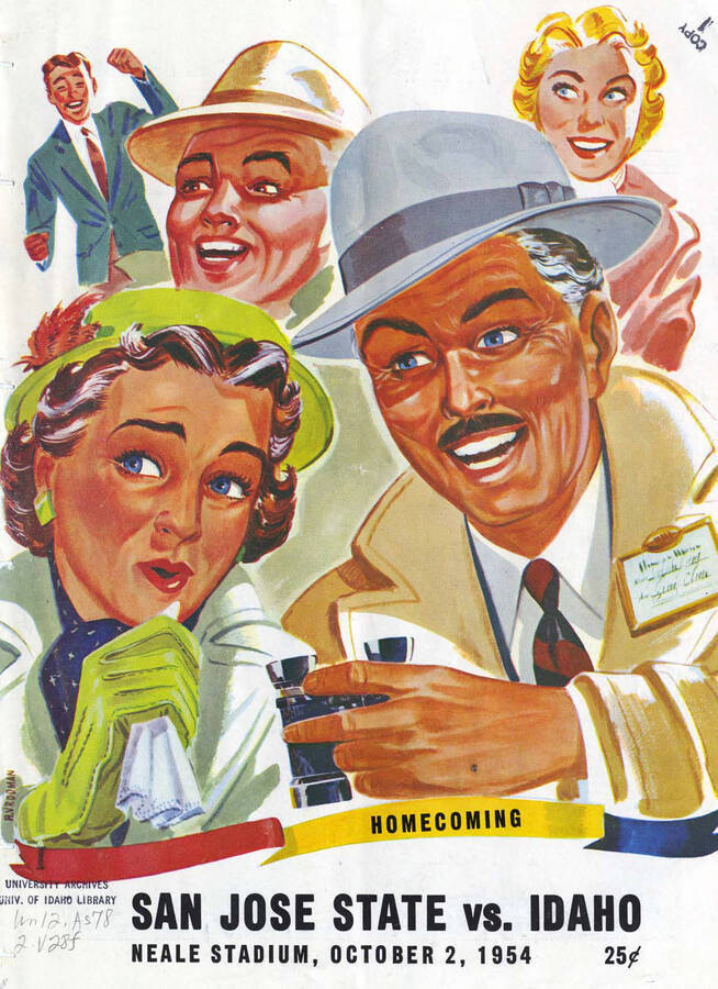 Official souvenir program of the Idaho - San Jose State football game, Saturday, October 02, 1954, Neale Stadium, Moscow (Idaho). Homecoming. Cover depicts a cartoon picture of a fans enjoying the football game.