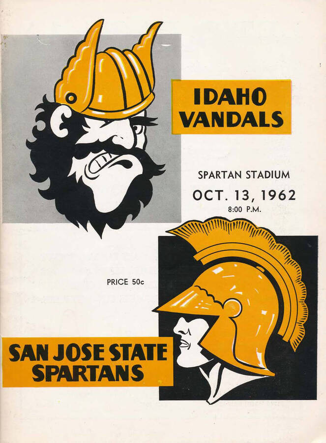 Official souvenir program of the Idaho - San Jose State football game, Saturday, October 13, 1962, Spartan Stadium, SanJose (California). Cover depicts a cartoon picture of a Vandal and of a Spartan.