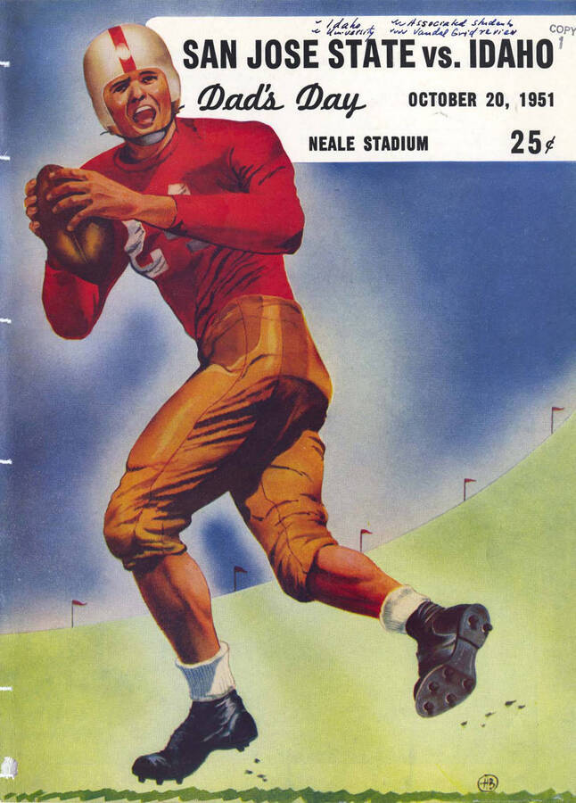 Official souvenir program of the Idaho - San Jose State football game, Saturday, October 20, 1951, Neale Stadium,Moscow (Idaho). Dad's Day. Cover depicts a cartoon picture of a football player in a red uniform catching a pass.