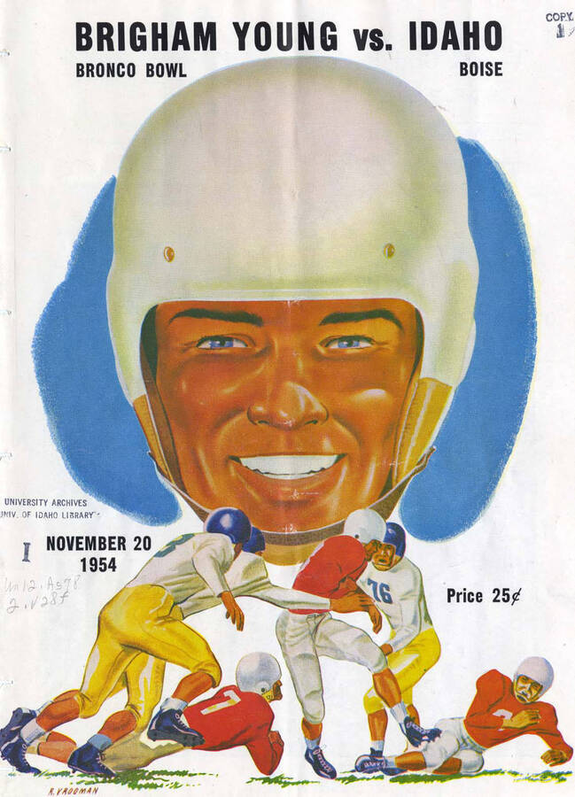 Official souvenir program of the Idaho - Brigham Young University football game, Saturday, November 20, 1954, Boise (Idaho). Bronco Bowl.  Cover depicts pictures of football players, picture of a play in action before a background of a giant helmeted head.