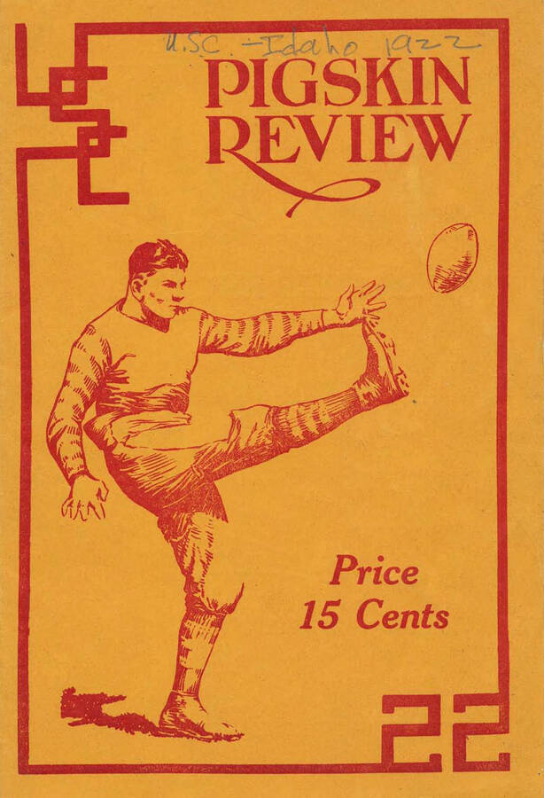 Official souvenir program of the Idaho - University of Southern California football game, Saturday, November 18, 1922 Pasadena (California). Cover depicts a picture of a football player punting the ball.