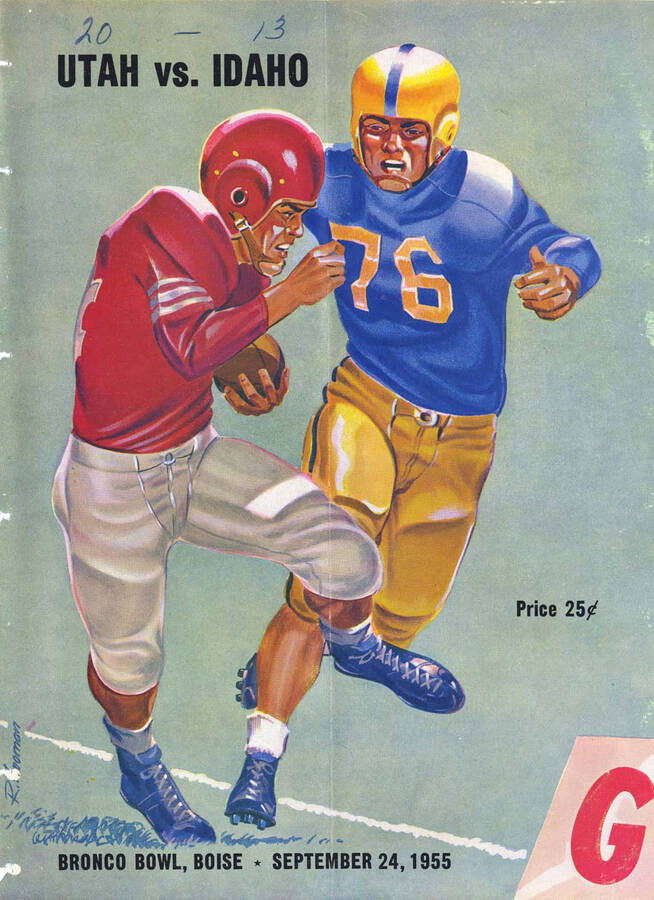 Official souvenir program of the Idaho - University of Southern California football game, Saturday, September 24, 1955, Bronco Stadium, Boise (Idaho). Cover depicts a picture of a football player in a blue uniform about to attack a football player in a red uniform.
