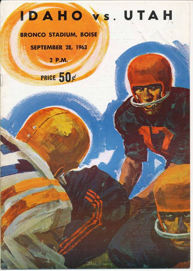 Official souvenir program of the Idaho - University of Utah football game, Saturday, September 28, 1963, Bronco Stadium, Boise (Idaho). Cover depicts a picture of the center of the starting lineup up close, with the quarter back being ready to get the ball from the center, staring down the opponent on the other side.