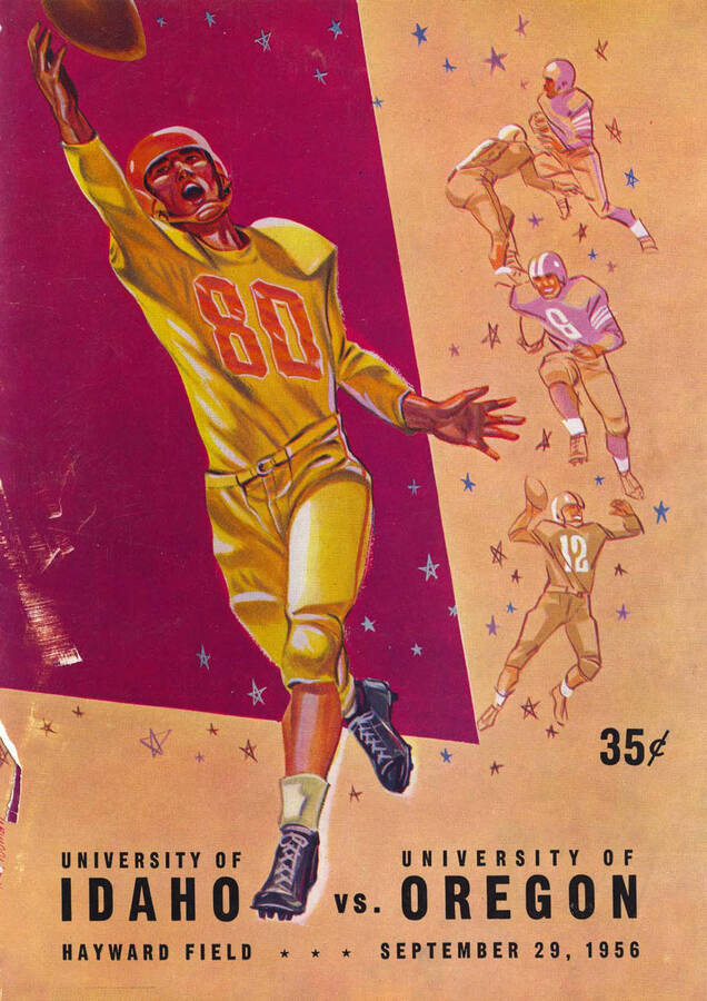 Official souvenir program of the Idaho - University of Oregon football game, Saturday, September 29, 1956, Hayward Field, Eugene (Oregon). Cover depicts a cartoon picture of a football player in a yellow uniform catching a pass.